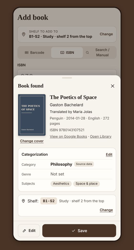 Scanning a barcode fills in the book details automatically